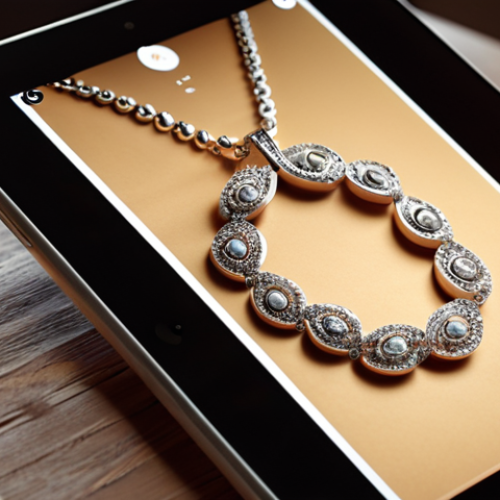 **Prompt:** Close-up of a personalized necklace being designed on a tablet, focus on the customization interface, warm and inviting lighting, showcasing the ease of product personalization.