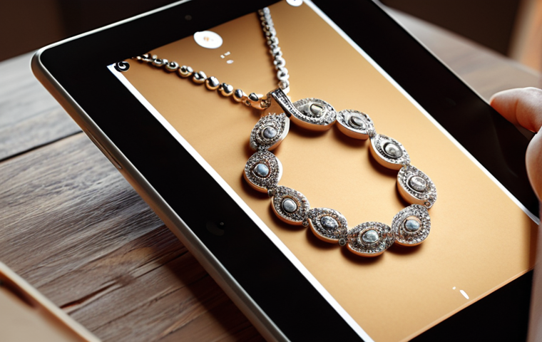 **Prompt:** Close-up of a personalized necklace being designed on a tablet, focus on the customization interface, warm and inviting lighting, showcasing the ease of product personalization.
