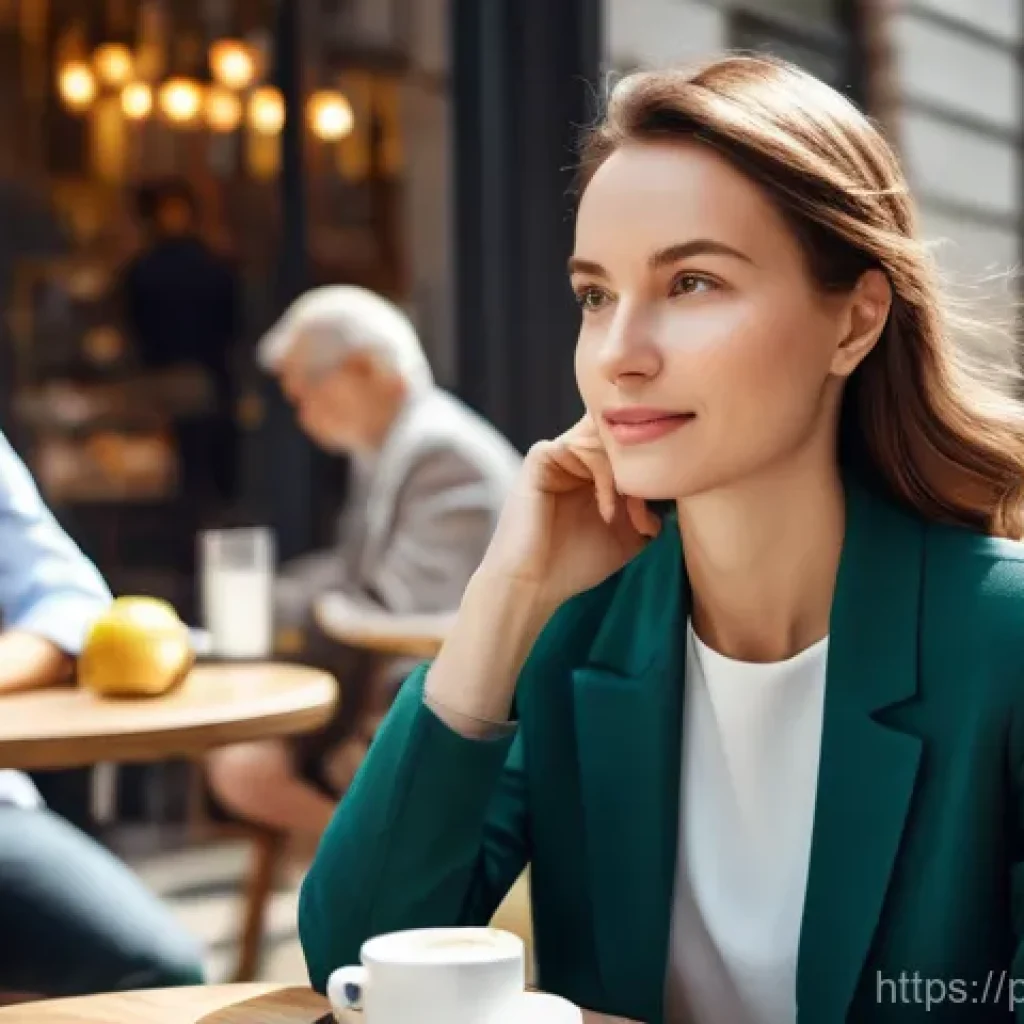 기회 포착을 위한 비즈니스 통찰력 강화 - **Prompt: "A sophisticated businesswoman, in her late 30s, is seated at an outdoor cafe in a bustlin...