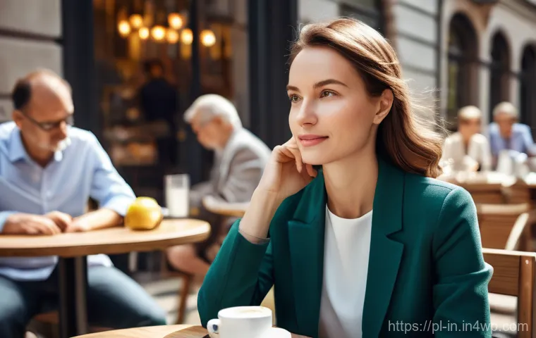 기회 포착을 위한 비즈니스 통찰력 강화 - **Prompt: "A sophisticated businesswoman, in her late 30s, is seated at an outdoor cafe in a bustlin...