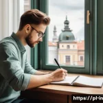 Home 22 기회 포착을 위한 동기 부여 방법 - A serene, modern home office scene in Warsaw, Poland, with a young adult attentively journaling dail...